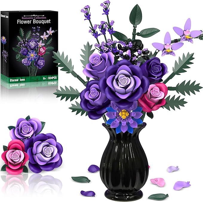 Purple Roses Flower Bouquet Building Sets, 834PCS Artificial Flowers Botanical Collection Compatible with Lego Flowers for Adults Gothic Halloween Decor, Gifts for Halloween Christmas Valentines Day