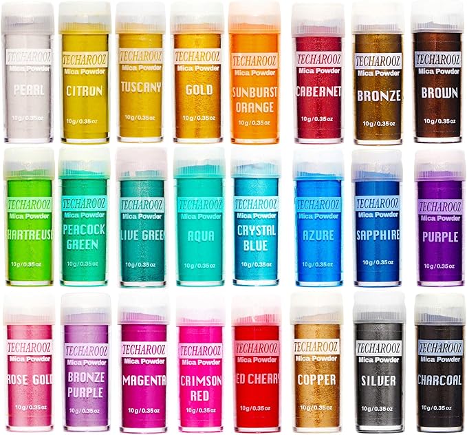 TECHAROOZ Mica Powder Set - 24 Cosmetic Grade Pigment Colors (10g Each) for Soap Making, Epoxy Resin, Lip Gloss, Nails, Bath Bombs & Slime