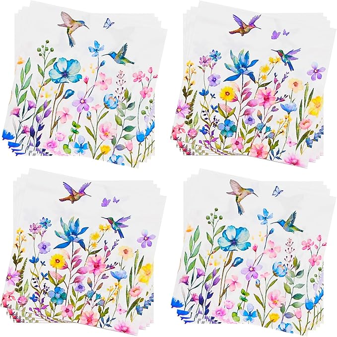 Cocktail Napkins 80 Pack 2 Ply Floral Beverage Luncheon Dinner Paper Napkins Flower Print Disposable Napkins for Wedding Anniversary Celebrations, 5X5 Inches Folded