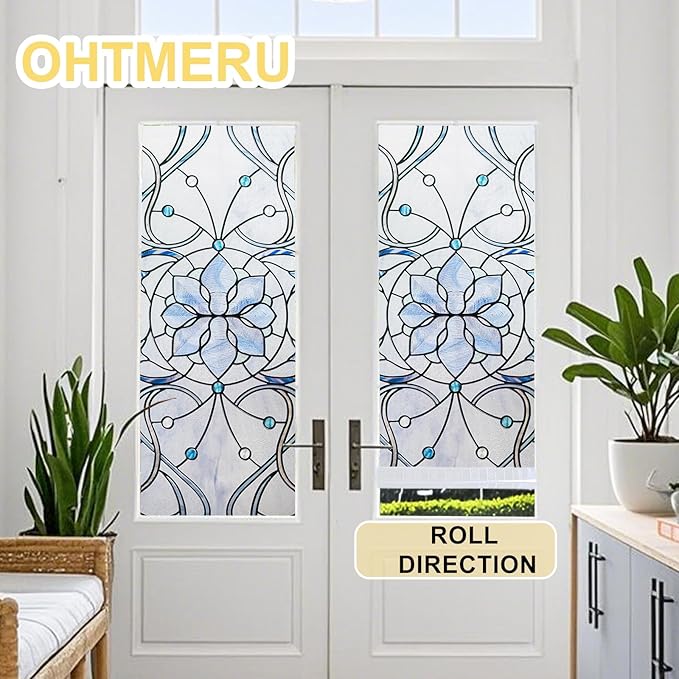 3D Stained Glass Window Privacy Film, Heat Control UV Blocking Static Cling Decorative Window Film for Bathroom,Front Door,Home Non Adhesive,35.4 x 78.7 inches Azure Bloom