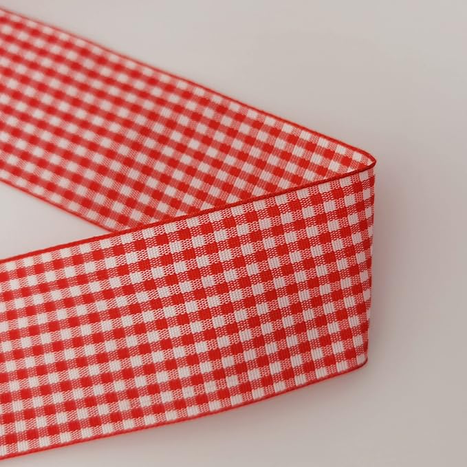 1.5 Inch Red and White Woven Edge 100% Polyester Gingham Ribbon 25 Yards Each Roll (1-1/2", Red)