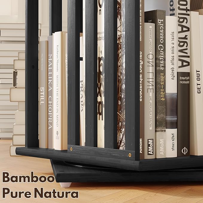 YOWOS Rotating Bookshelf Tower, 360 Display Spinning Bookcase, Bamboo Bookshelf Floor Standing Storage Rack, Wood Narrow Book Shelf Organizer for Kids&Adults (Black, 2 Tier)