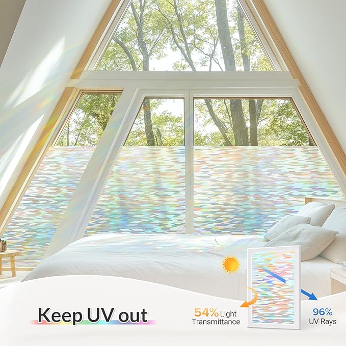 rabbitgoo Window Privacy Film with Installation Tools, Stained Glass Window Film Rainbow Prism Decorative Glass Clings for Home Decor, Static Cling Covering Sun Blocking, 23.6" x 118.1"