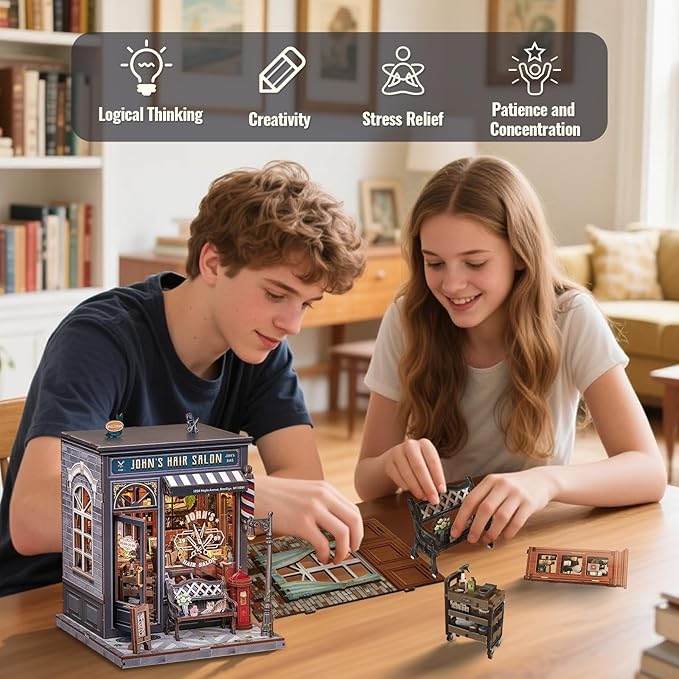 CUTEBEE Book Nook Kit - DIY Miniature House Dollhouse Kit for Adults, Booknook Hair Salon Barbershop Tiny House Bookshelf Decor 3D Wooden Puzzle, Gifts for Family and Friends (John's Hair Salon)