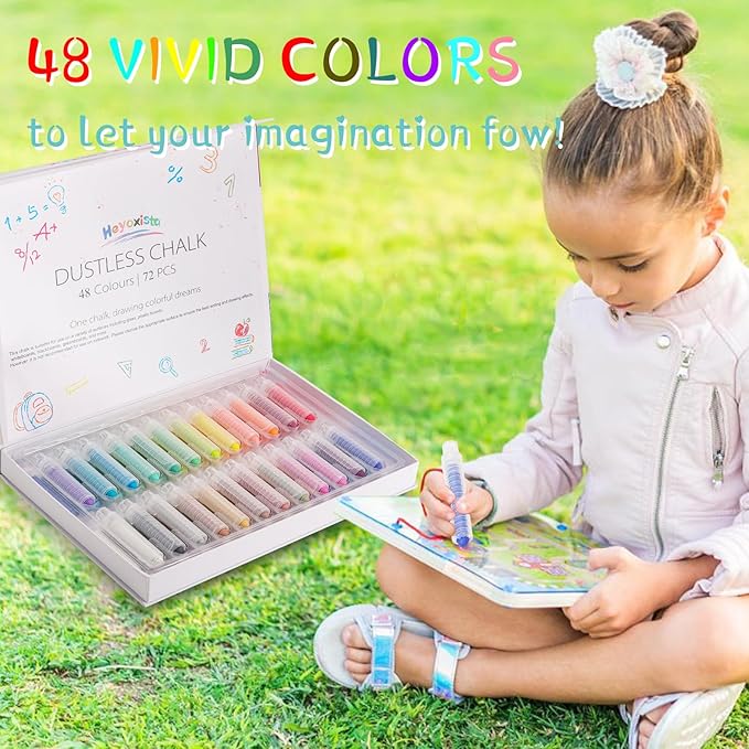 72Pcs Colored Dustless Washable Drawing Chalk Artists Set with 24 Holder - Non-Toxic Art & Drawing Supplies for Kids,Works on Glass/Paper/Wood/Tile (Avoid Rough Textures,Not For ROUGH Chalkboard Use)