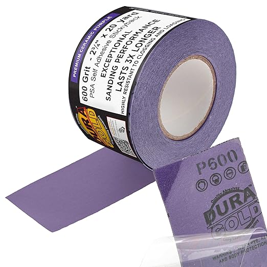 Dura-Gold Premium 600 Grit PSA Purple Film Ceramic Longboard Sandpaper, 2-3/4" Wide Continuous 20 Yard Roll - Self Adhesive Stickyback for Auto & Wood Air File Long Board Sanders, Hand Sanding Blocks