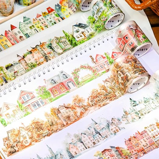 PET Tape Stickers for Scrapbooking,6 Rolls Vintage Town Tape Stickers for Scrapbook Supplies,DIY Craft,Journaling,Notebook,Phone Case(Town)
