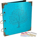 Photo Album DIY Scrapbook, 10x10 inch 50 Pages Vintage Leather Cover Three-Ring Binder Picture Booth Albums + 9 Colors 408pcs Self Adhesive Photos Corners for Memory Keep (Family Tree, Cyan)