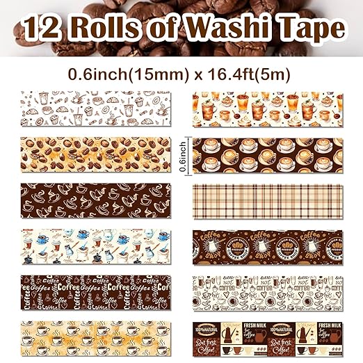 12 Rolls Coffee Washi Tape Set, Vintage Coffee Decorative Tapes, Retro Brown Watercolor Cafe Masking Tape for Journaling, Scrapbooking, Planner, DIY Arts Crafts Supplies, Gift Wrapping 16.4FT