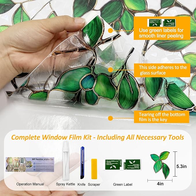 Stained Glass Window Privacy Film Decorative Rainbow Static Clings – Ideal for Home & Office, Adhesive-Free, Removable, UV-Blocking (Green Rainbow, 17.5 X 78.7 in)