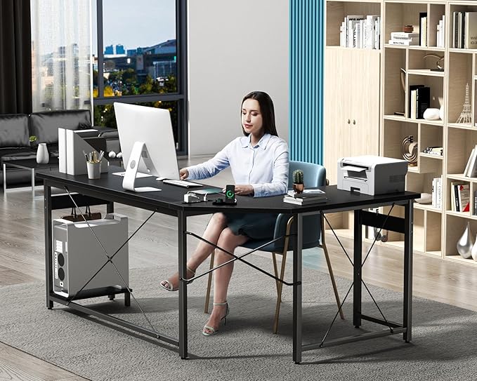 Coleshome 59" L Shaped Gaming Desk with Outlet, L Shaped Desk with CPU Stand, Corner Computer Desk, Home Office Desk, Writing Desk, Black