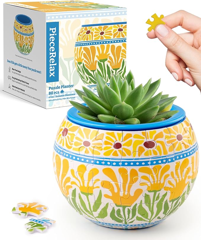 PieceRelax 3D Puzzle Planter 80 Pieces - Summer Blossoms, Home Decor Flower Pots for Indoor Cactus, Succulents Pots [K1126]