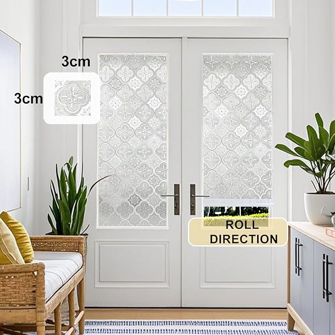Window Privacy Film Decorative for Front Door, Bathroom Static Cling Stained Glass Sticker Opaque Heat Control UV Blocking Non-Adhesive for Home Windows 17.5 X 78.7 inches