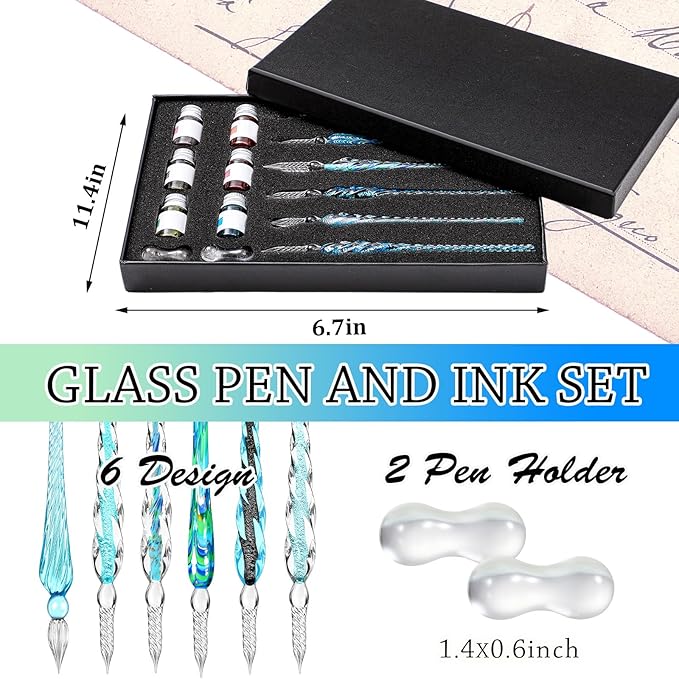 Zonon Glass Dipped Pen Ink Set 14 Pcs Include 6 Pcs Glass Dip Pen, 6 Colorful India Ink and 2 Holder Crystal Signature Calligraphy for Art, Writing, Signatures, Gift(Blue Color System)