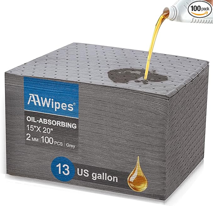 AAwipes Oil Absorbent Pads Universal for All Liquids Oil Spill Control Oil Absorbing Sheets for Garage Grey 100 Pack 15" X 20" OG1520-100