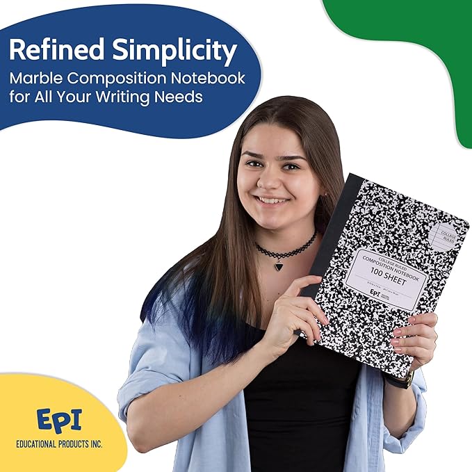 EPI Marble Hardcover College Ruled Composition Notebook | 200 Pages (100 Sheets), 9.75 x 7.5 in, Sturdy Sewn Binding | School, Office, Journaling, Notes - 12 Pack