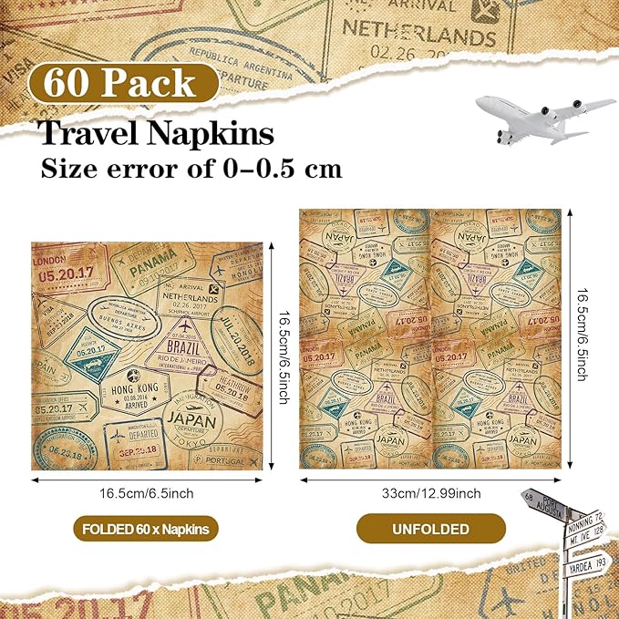 60 Pcs World Travel Cocktail Paper Napkins 6.5 x 6.5 Inches Disposable Paper Napkins Dessert Beverage Tissue for Decoupage Luncheon Tissue for Theme Party Wedding Birthday Party
