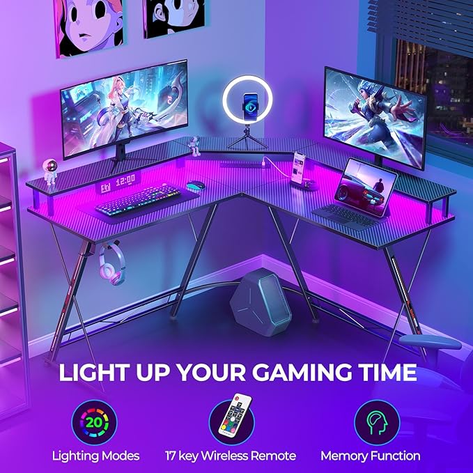 SEVEN WARRIOR L Shaped Gaming Desk with LED Lights & Power Outlets, 50.4” Computer Desk with Monitor Stand, Corner Desk with Carbon Fiber Surface, Gaming Table with Hooks, Black