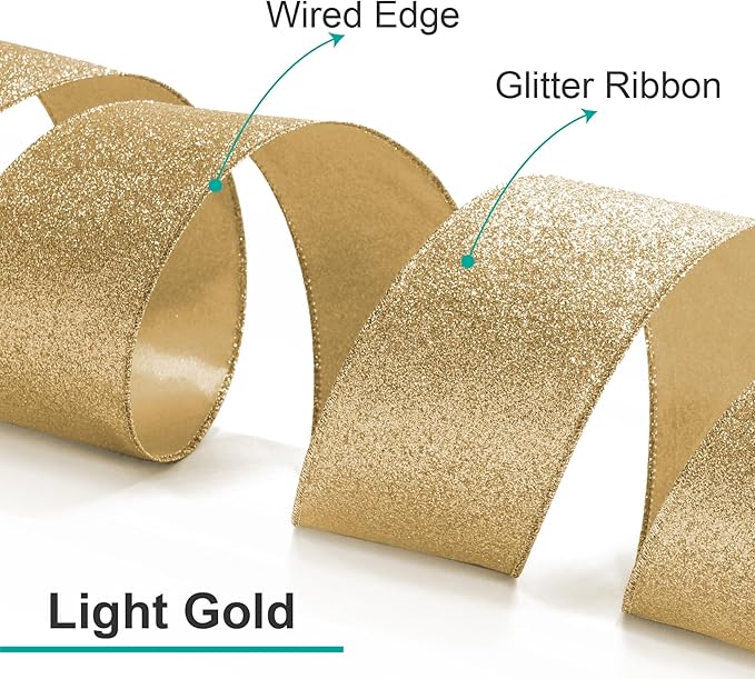 CT CRAFT LLC Glitter Wired Ribbon 4" x 10 Yards Light Gold for Christmas Home Decor Bow Gift Wrapping DIY Crafts Wreath