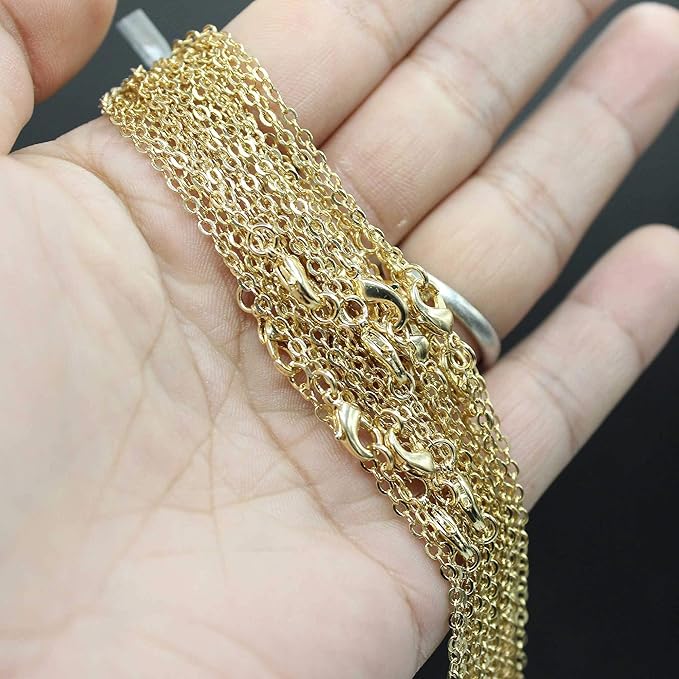 ALEXCRAFT Wholesale 12 PCS Gold Plated Brass Flat Cable Chain Finished Necklace Chains Bulk for Jewelry Making (30 Inch(2 MM))