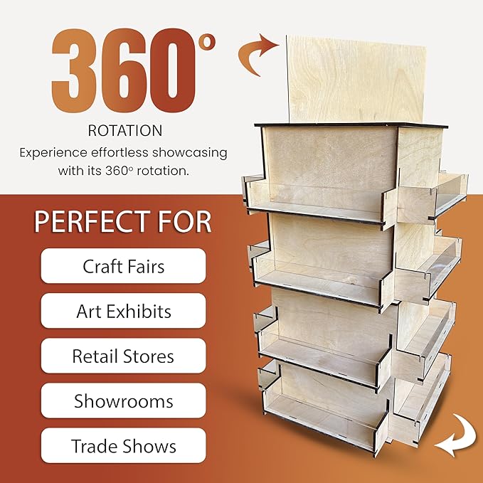 4-Sided Rotating Display Stand - Craft Shows, Trade Shows, Markets - Small & Medium-Sized Items like Stickers, Postcards, Coasters, Note Pads, Napkins - Heavy-Duty, Easy to Assemble (Natural)…