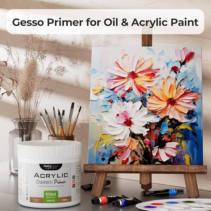 Nicpro White Gesso Primer for Acrylic Painting(28.2 Oz / 513ML), Excellent Coverage, Gesso Surface Prep Medium for Acrylic Paint & Oil Paint, Heavy Gesso Primer for Canvas, Wood, Paper, Plastic