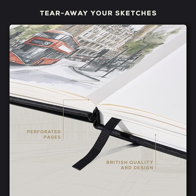 Beechmore Books A3 Sketchbook – 11.7x16.5 Premium Vegan Leather Bound Extra Large Sketch Book Hardcover, 160gsm 160 Perforated Ivory Pages, Blank Sketch Pad, Gift Boxed, Back Pocket, Ribbon Bookmark