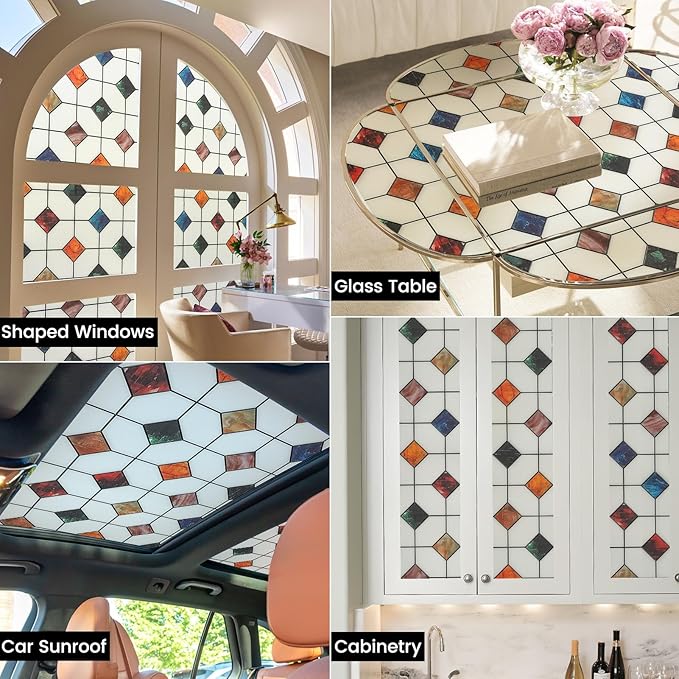 DKTIE Stained Glass Window Film Geometric Patterns, Fine Frosted Window Clings for Glass Windows, Waterproof for Bathroom Window Privacy Film Day and Night (S533, 35.4in X 78.7in)