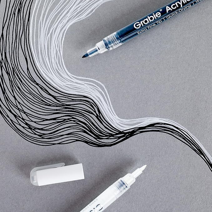 Grabie Black&White Extra Fine Tip Acrylic Paint Marker Set, 6 Pack, 0.7mm Acrylic Paint Pens for Highlights, White Highlight Markers