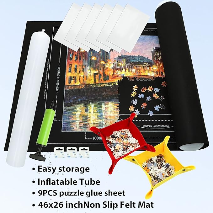 Portable Puzzle Mat Roll Up - with 9 Glue Sheets, Sorting Trays, Hand Pump, Inflatable Tube, and Storage Bag - Perfect for Kids and Adults (Black, 1500pcs)