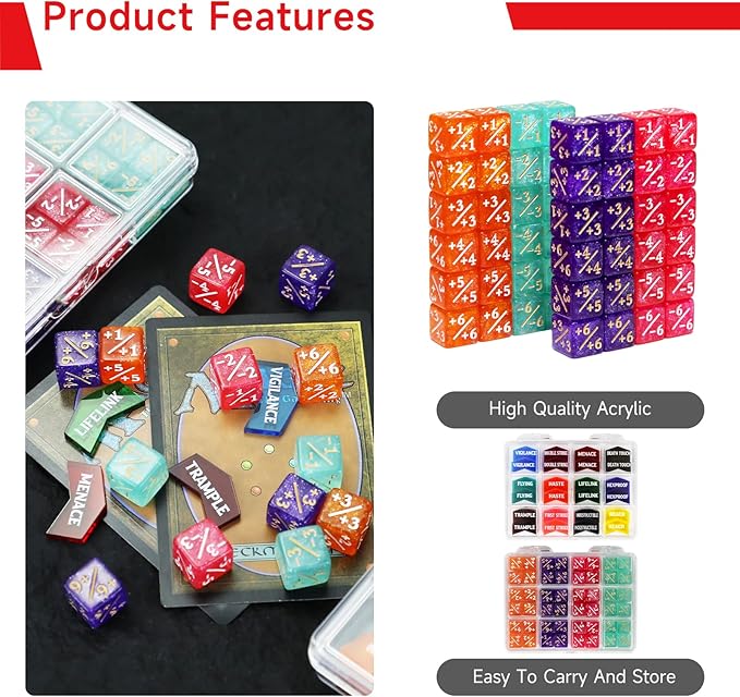 SIXPOINTS 108PCS 12mm MTG Counter Dice +1/+1 Tokens 6 Sided Dice & Keyword Counters Tokens Set for Magic The Gathering, MTG, TCG, Card Games Accessories