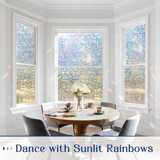 Haton Window Privacy Film, Rainbow Stained Glass Window Clings, 3D Decorative UV Sun Blocking Sticker, Removable Static Cling Heat Control Tint for Home Door, 35.4" x 157.4" Non-Adhesive
