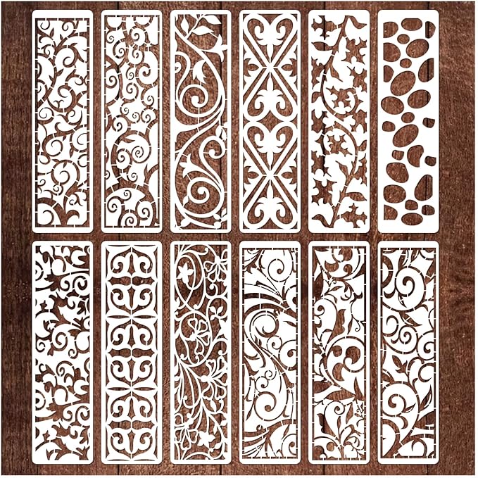 12 Pieces Border Stencils for Painting, Leaf Stencil Template Reusable Furniture Cake Decorative Stencils for Wood DIY Craft Canvas Fabric (12 Border Floral)