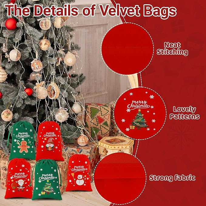 Tapleap Christmas Bags with Drawstring - 50Pcs 4x6 Red and Green Velvet Cloth for Wrapping Dice, Jewelry, Party Favors or Gifts for Friends, Children, Customers