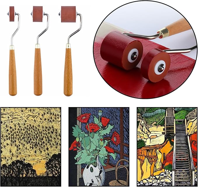 3Pcs Brayer Rubber Rollers, Printmaking Brayers, Art Craft Roller, Craft Stamping Brayers, Brayer Ink Roller with Comfort Wooden Handle for Print Stamping Tools Wallpapers and Scrapbooks