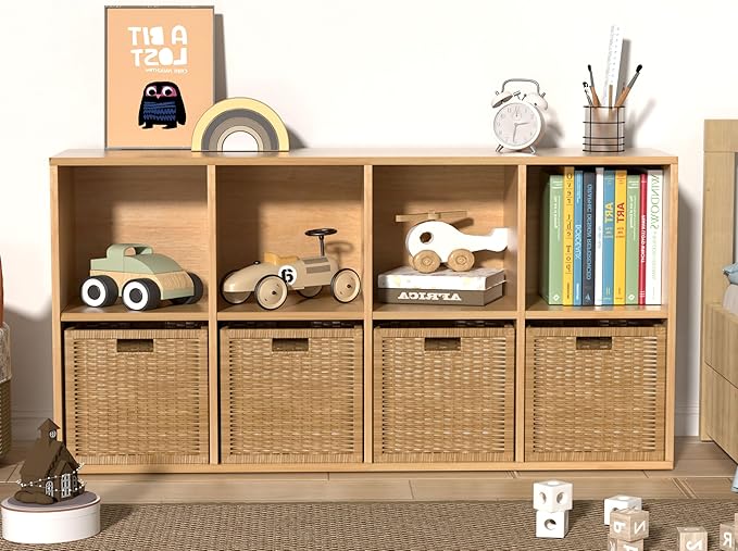 Wooden 8 Cube Storage Organizer with Closed Back Panel, Cube Shelf Heavy Duty Cubby Storage Organizer with Compartments for Living,Display Shelf,Bookshelf Furniture (Oak, 8-Cube)