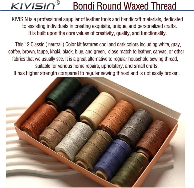 Round Polyester Waxed Thread 0.55mm, 12 Neutral Colors 76 Yards/Spool Wax Coated String Thin Cord for Leather Upholstery Sewing, Stitching, Bookbinding, Beading, Micro Knotting and Braiding