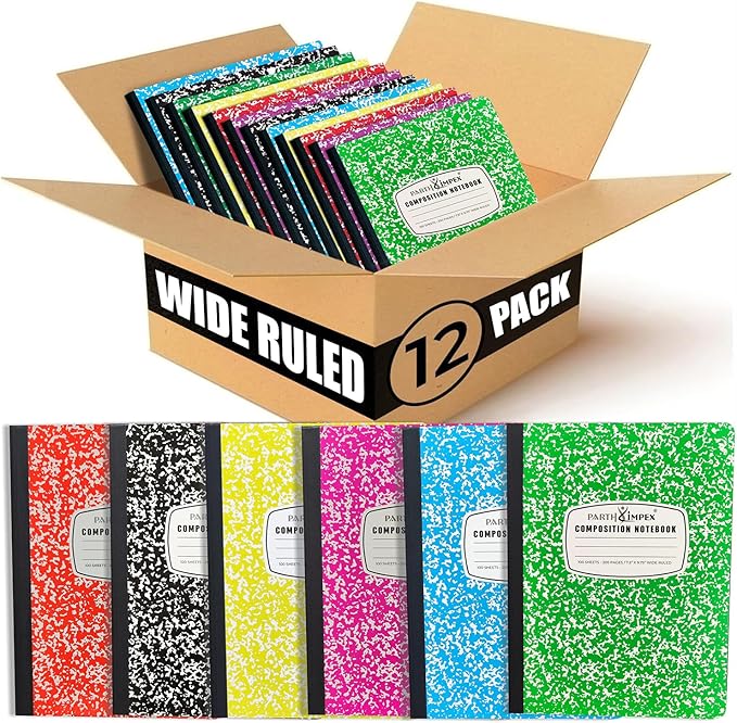 PARTH iMPEX 12 Pack Bulk Composition Notebooks Wide Ruled, 200 Pages (100 Sheets), 9-3/4 x 7-1/2, Hard Cover Wide Ruled Notebooks in 6 Assorted Colors, Composition Notebook For School College Office