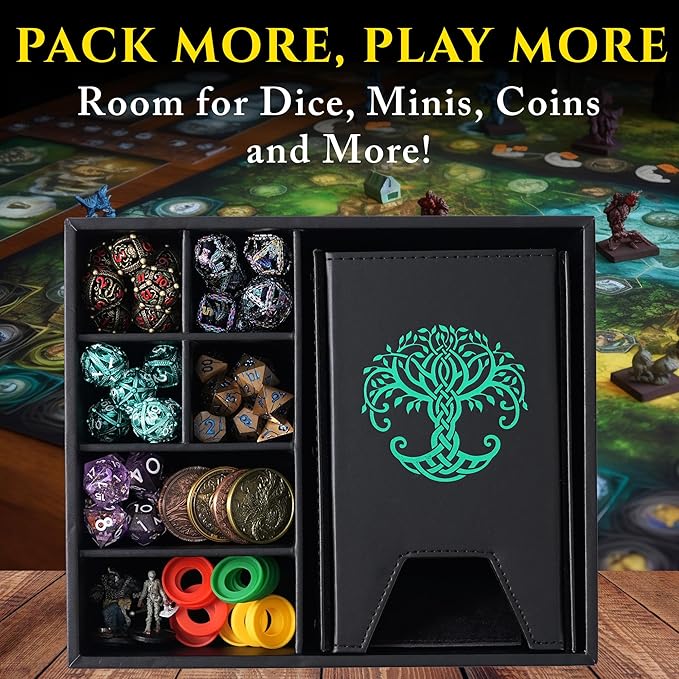 Dice Tray and Dice Tower for DND and RPG - All-in-One Game Roamer Tray & Large Tower for Random Rolls - Stores Your Sets, Mini's and More Compatible with D&D (Green Tree)