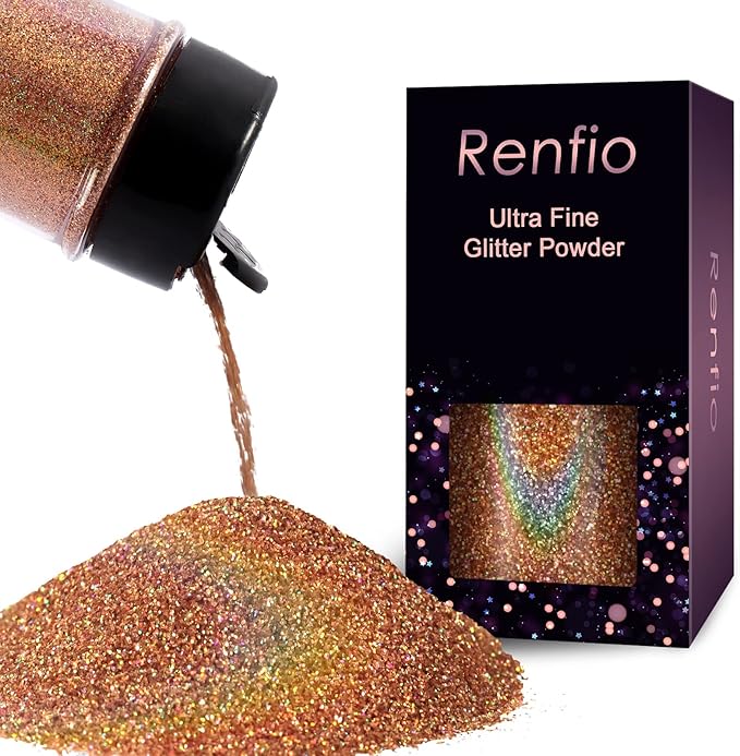 Renfio Holographic Ultra Fine Glitter Powder Metallic Resin Glitter 2.11 Oz (60g) PET Flakes Crafts Sequins 1/128" 0.008" 0.2mm Epoxy Chips Flakes for Tumblers Slime - Laser Rose Gold