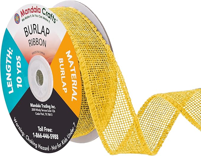 Mandala Crafts Yellow Burlap Ribbon 1 Inch Wide Jute Ribbons for Crafts - 20 Yds Roll Rustic Burlap Wrap Trim Ribbons for Wreaths Bows Wedding Party Decoration