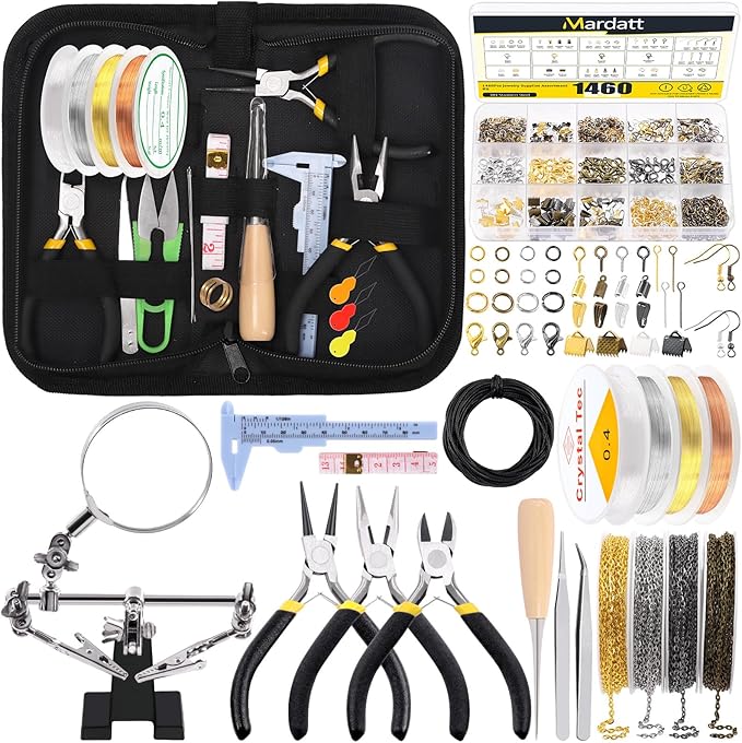 Mardatt 1488Pcs Jewelry Making Supplies Kit - Magnifying Glass, Pliers, Wires, Chain, Jump Ring Opener, Tweezers