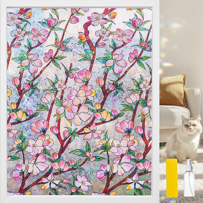 Window Privacy Film Rainbow Film Stained Glass 3D Static Cling Decorative Window Sticker for Bathroom,Front Door,Home Heat Control UV Blocking Non Adhesive,Peach Blossom 35.4 x 78.7inches