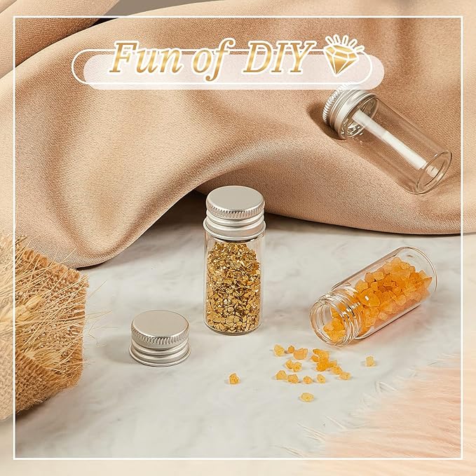 100 Pcs Small Clear Vials Spice Mini Jars with Lids Mini Glass Bottles with Screw Aluminum Metal Caps Tiny Jars Sample Containers for Powder Cream Cosmetic Jewelry Wedding (10 ml,Silver Caps)