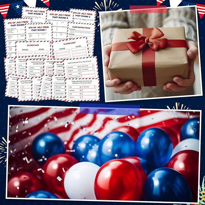 4th of July Friendly Feud Game with 2 Answer Buzzers, Independence Day Feud Cards for Family Game Night Fun Trivia Quiz for Party Office Class Groups Team Building (Red White Blue, Patriotic)