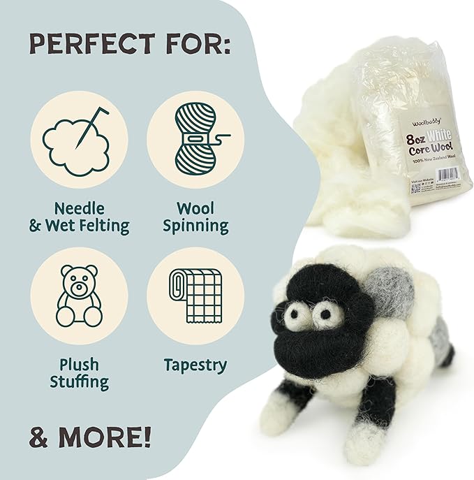 Woolbuddy Wool Felting Core Wool – Handmade Carded White for Needle & Wet Felting, Dryer Balls, Craft Pads & Chunky Yarn (8oz)