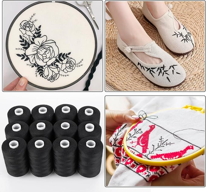 ilauke Sewing Thread, 12 Spools 1000 Yards Each Black Polyester All Purpose Thread, Sewing Machine Supplies fo Beginners/Hand Sewing/Hand Stitching, Quilting