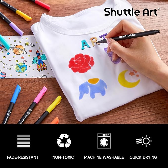 Shuttle Art 36 Colors Fabric Markers, Permanent Shirt Markers for Clothes Sneakers Jeans with 11 Stencils 1 Fabric Sheet, Fabric Pens for Kids Adult Painting Writing