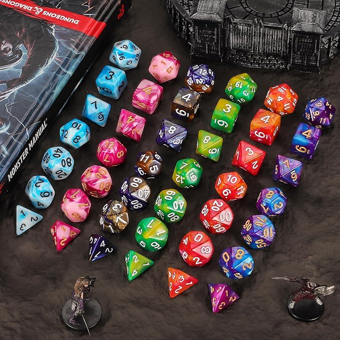 QMay DND Dice - 42pcs Polyhedral Dice, 6 Set Complete Double-Colors D&D Dice Sets with 6 Blue Drawstring Bags for Dungeons and Dragons RPG MTG Table Games