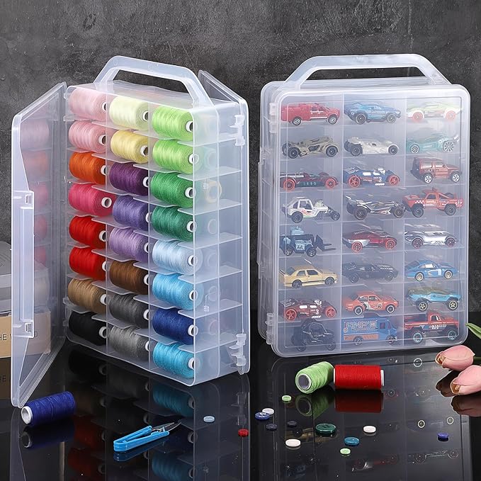 OwnMy 2 Pack 46 Grids Sewing Thread Organizer, Double-Sided Thread Spool Storage and Organizer Boxes, Plastic Embroidery Threads Embroidery Floss Organizers Boxes for Small Toys Cars, Sewing Crafts